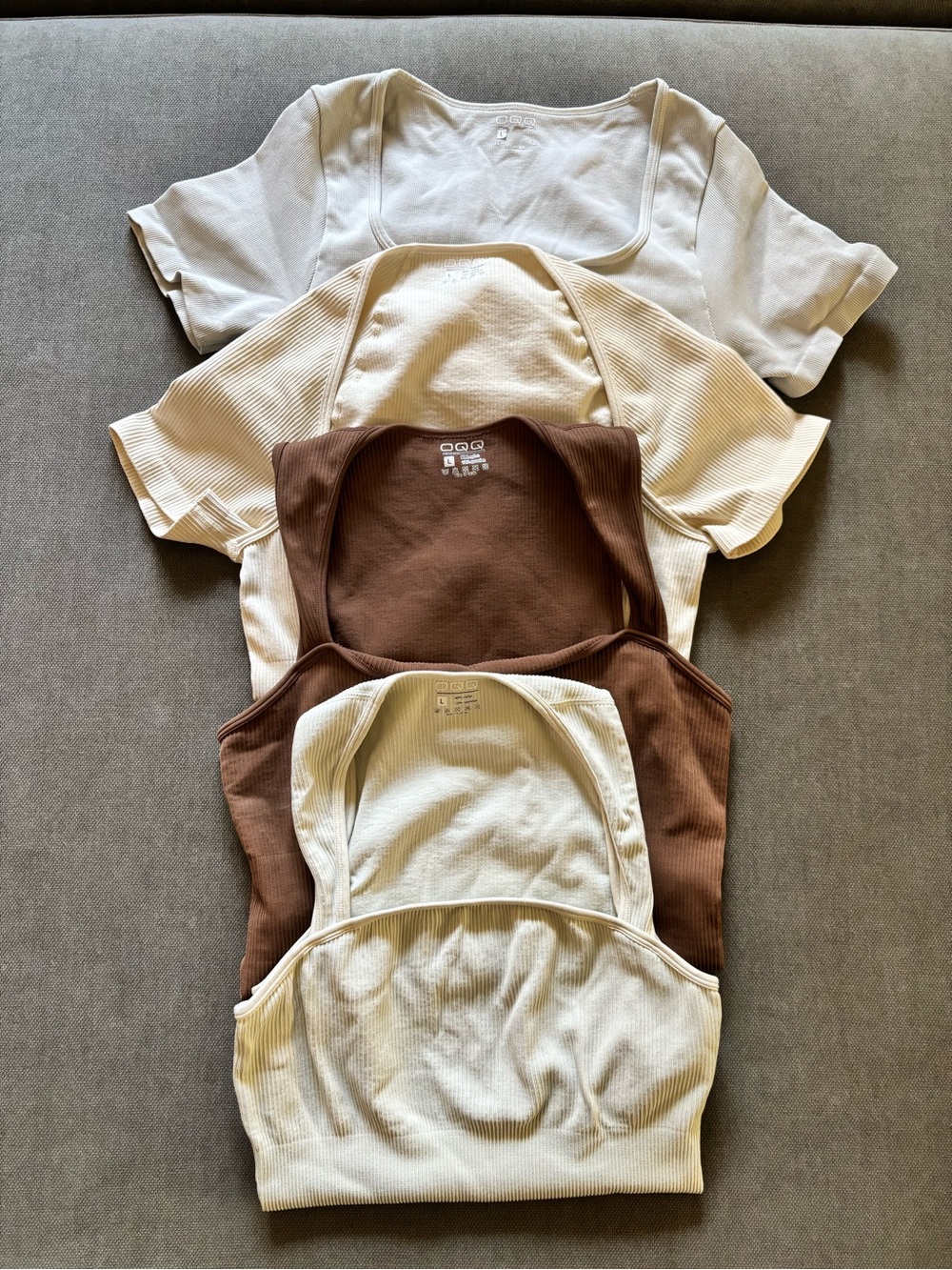 OQQ  Ribbed Bodysuit Set - Cream and Brown